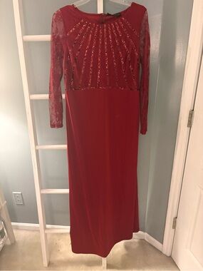 Ever Pretty Red Lace Long Sleeve Beaded Gown